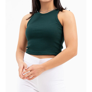 Camiseta sin mangas elástica de color sólido para mujer, con logo personalizado, cuello redondo, top tipo camisola, top de yoga ajustado para mujer. - Product Image 3