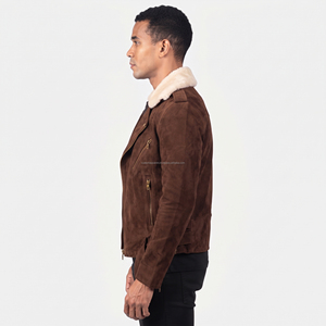 <b>Men's</b> Brown <b>Suede</b> Motorcycle <b>Jacket</b> With Faux Fur Lining Zipper Closure Winter Outerwear Leather Fashion - Product Image 2
