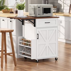 Isla de Cocina Rodante Estilo Rústico con un Cajón, Estante Lateral Abierto y Toallero, 39.3 Pulgadas con Hoja Abatible - Product Image 4