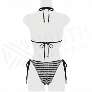 Women Striped Knitted <b>Bikini</b> <b>Set</b> Halter Neck <b>Triangle</b> Top Tie Side Bottom Swimwear Two Piece Beachwear - Product Image 2
