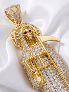 Collier pendentif Grim Reaper en or, diamant de laboratoire micro-serti détachable, coupe octogonale, bijoux hip-hop pour hommes - Product Image 1