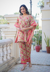 Ensemble coordonné kaftan vintage rose à imprimé floral pour femme, haut en coton à col en V et manches kimono, pantalon confortable pour le quotidien - Product Image 1