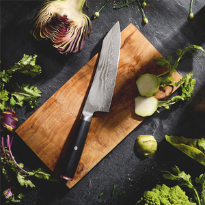 Couteaux de cuisine Santoku à manche rond noir avec lame à motif tourbillonnant argenté et embout argenté pour couper et hacher les légumes - Product Image 6