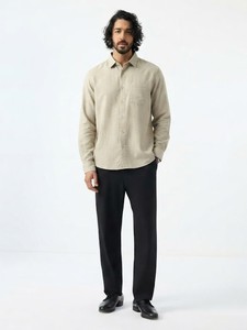 Camisa de Manga Larga para Hombre Enovate, Color Sólido, Verano, Informal, Tejido de Lino, Transpirable, Beige Claro - Product Image 1