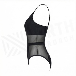 Women's Black One-Piece Swimsuit With Mesh Panel Hollow Out Design Plunge <b>Neck</b> Push Up <b>Bra</b> Style High Waist Bodysuit - Product Image 3