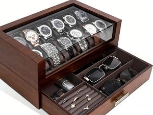 Caja Giratoria para Relojes de Madera con 12 Ranuras, Estuche de Exhibición con Cajón, Organizador de Joyas Acrílico para Relojes, Gafas de Sol y Anillos - Product Image 5