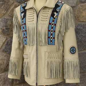 Veste en cuir beige à franges pour homme, style western, faite à la main, style décontracté, pour l'automne - Product Image 3