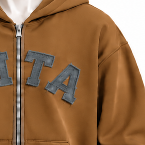 Sweat-shirt oversize en molleton épais pour homme, couleur camel, avec fermeture éclair, appliqué lettres en chenille, style streetwear, avec poches avant - Product Image 6