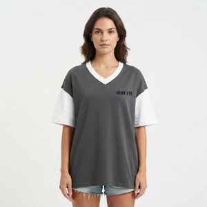 Women's Gray V-<b>Neck</b> Oversized T-Shirt Color Blocking Short Sleeve Loose Fit Cotton Jersey <b>Top</b> Spring Summer Wear - Product Image 3