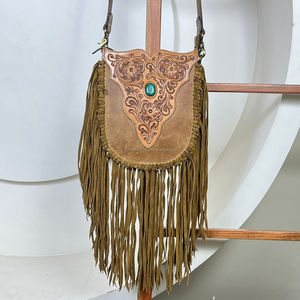 Bolso de Hombro de Diseño con Flecos, de Cuero Vacuno Repujado a Mano con Piedra Turquesa, a Precio Bajo, para Mujer, Moda 2025 - Product Image 4