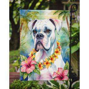 Bandera de jardín Luau con ilustraciones multicolores, buzón bóxer blanco, pancarta decorativa para patio para macizos de flores de tamaño de jardín - Product Image 3