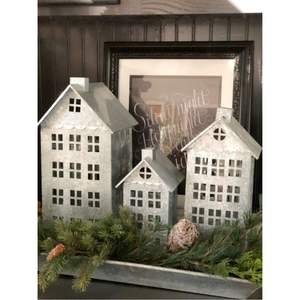 Galvanized Metal Christmas Village House <b>Candle</b> Holder Set Rustic Zinc Tealight Lantern Indoor <b>Winter</b> Mantel Holiday Decor - Product Image 1