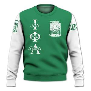 Chaqueta Universitaria Personalizada Iota Phi Lambda, Chaqueta Universitaria Blanca con Verde Esmeralda, Sudadera de la Hermandad Iota Phi Lambda - Product Image 5