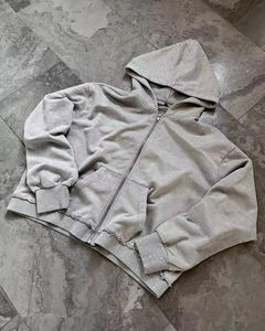 Unisex Cropped Hooded Zip-Up Sweatshirt <b>Oversized</b> Rhinestone Pattern Casual Knitted Polyester Autumn Wear - Product Image 3