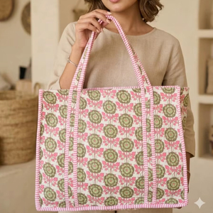 Indian Hand <b>Block</b> Printed Quilted Women's Winter Summer Fashion Tote Shopping Carry Shoulder Bag Multi-Color Geometric <b>Shapes</b> - Product Image 1