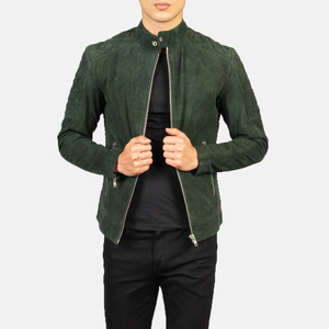 <b>Men's</b> Green <b>Suede</b> Moto <b>Jacket</b> Stand Collar Zipper Closure Slim Fit Autumn Style Regular Length Solid Color Biker <b>Jacket</b> - Product Image 1