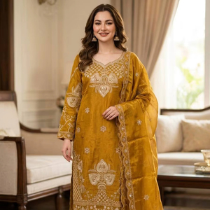 Ensemble Kurti et pantalon en soie GMY de qualité supérieure avec dupatta – Broderie lourde à sequins pour tenue de soirée - Product Image 1