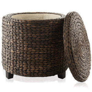 Pouf de rangement rond Espresso 7 \ "avec couvercle jacinthe d'eau tissée à la main pour salon chambre salle de bain bureau à domicile - Product Image 2