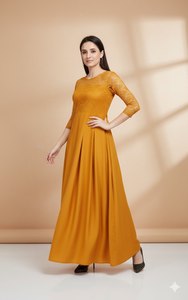 Robe longue jaune premium pour femmes en tissu Georgette avec col rond intérieur et manches 3/4 – Qualité export en gros - Product Image 6