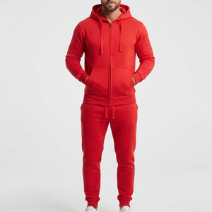 Ensemble de survêtement rouge à capuche pour homme, manches longues, fermeture éclair frontale, couleur unie, décontracté, avec poches latérales, pour l'automne - Product Image 1