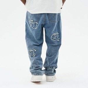 Jean en denim déchiré à jambe large pour homme avec logo brodé, coupe décontractée, taille mi-haute, grande taille, en coton - Product Image 5