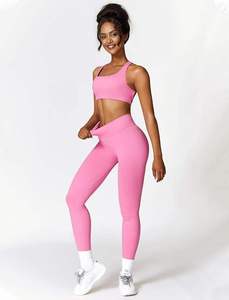 Custom Women Pink Sports Bra and High Waist Leggings <b>Set</b> Seamless Stretch Yoga <b>Gym</b> Fitness Workout Activewear Matching Outfit - Product Image 1