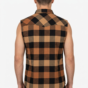 Chemise en flanelle à carreaux sans manches pour homme, col rabattu, tenue décontractée d'automne, 100% coton, motif à carreaux tissé - Product Image 2