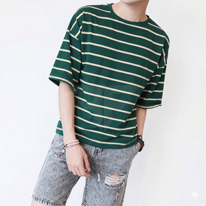 Camisetas de Verano a Rayas de Manga Corta al por Mayor, 200 Gramos, Tejidas, Holgadas, Casuales para Hombre - Product Image 1