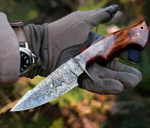 Cuchillo Táctico de Supervivencia para Camping y Aire Libre, Hoja Fija de Acero de Damasco, Punta Caída, Hecho a Mano, con Funda y Mango de Madera de Palisandro Natural, OEM - Product Image 5