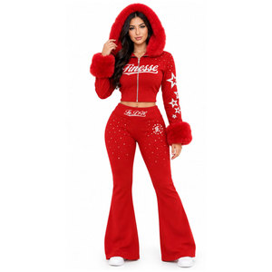 Conjunto de 2 Piezas Finesse Rojo, Top Corto con Capucha y Pantalones Acampanados con Estampado de Diamantes de Imitación, Cintura Alta, Ropa de Yoga a la Moda - Product Image 2