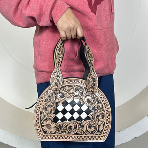Sac à bandoulière en cuir de vache Western Tooled 2025, sac à main floral avec incrustation en damier, sac à main tendance de style mode - Product Image 4