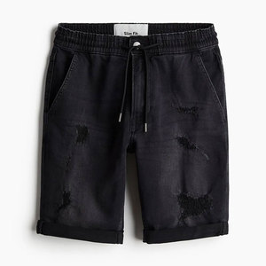 Shorts en jean déchiré slim fit pour homme, taille à cordon, style décontracté en coton, noir - Product Image 1