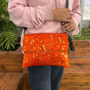 Western Handcrafted <b>Crossbody</b> Wristlet <b>Purse</b> Metallic Hair on Hide Fur Leather with Tassel Chain Decoration Multi-Color Fur Bags - Product Image 5