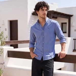 Camisa Casual de Manga Larga para Hombre, en Mezclilla Azul, con Cuello Clásico, Transpirable, de Algodón, Color Sólido, para Primavera - Product Image 6