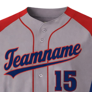 Camiseta de béisbol personalizada en rojo y gris con nombre del equipo, detalles personalizados del jugador y producción rápida - Product Image 5