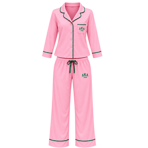 <b>Pink</b> Women's Pajama Set with Embroidered Greek Letter Logo <b>Long</b> <b>Sleeve</b> Button Down <b>Top</b> and Matching Pants Comfortable Sleep - Product Image 1