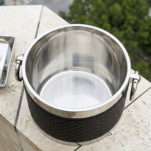 Luxury Stainless Steel Double Wall Wine <b>Ice</b> Bucket With Black Quilted Leather Wrap Silver Ring Handles Party Beverage Tub - Product Image 3