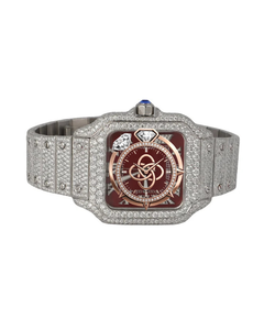 Luxury Men’s Diamond <b>Watch</b> Red Dial Square <b>Case</b> Stainless Steel Bracelet <b>Watch</b> Full Crystal Iced Out Quartz Wristwatch - Product Image 1