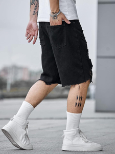 Shorts en jean décontractés pour hommes, taille mi-haute, coupe droite, broderie 3D, respirants, écologiques, avec fermeture éclair, pour l'été - Product Image 3