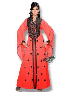 AWAIS HOUSE Women's Coral <b>Chiffon</b> Floor-Length A-Line Abaya Evening/ Formal V-Neck Long Sleeve Embroidered Modest Dress Sheer - Product Image 3