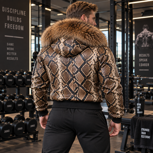 Men's Python Leather Hooded <b>Coat</b> with Genuine <b>Fox</b> <b>Fur</b> Trim Luxury Casual Motor Wear | Herren Lederjacke | Chaqueta Hombre Cuero - Product Image 5