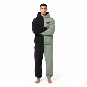 Custom Men's Heavyweight Cotton Fleece Tracksuit Contrast Block Two Tone Hoodie And <b>Jogger</b> Relaxed Fit Drop Shoulders Hoodie - Product Image 4