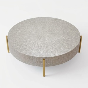 Mesa de Centro Redonda con Incrustaciones de Hueso, Diseño Geométrico Moderno con Rayas, Base de Metal Dorado, Hecha a Mano, Estilo Boho para Sala de Estar - Product Image 6