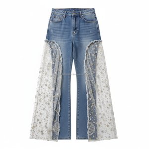 Jeans évasés pour femmes, taille haute, patchwork de paillettes, maille respirante, fabrication sur mesure OEM, vente en gros - Product Image 2
