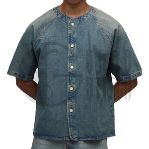 Conjunto de camiseta y pantalones cortos de mezclilla para hombre, estilo vintage, informal, de dos piezas, estilo streetwear de verano, cuello redondo, color sólido - Product Image 2