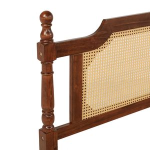 King <b>Pine</b> Walnut Wooden <b>Bed</b> with Rattan Headboard and Footboard Enhanced Central <b>Bed</b> Platform - Product Image 5