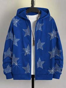 Sweat-shirt à capuche unisexe bleu avec imprimé étoile en strass, vêtement décontracté d'automne, coupe classique, tricoté en polyester - Product Image 5