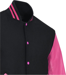 เสื้อแจ็คเก็ตวาร์ซิตี้สีดำชมพูสำหรับผู้ชาย แขนหนัง PU ปกคอพับแบบลำลอง ติดกระดุมแถวเดียว สไตล์ฤดูใบไม้ร่วง - Product Image 4