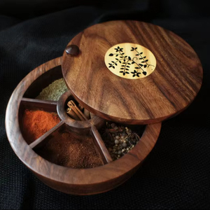 Handmade Wooden Spice <b>Box</b>, Indian Masala Dabba With Spoon, Handcrafted Acacia Wood Spice <b>Box</b>: 7-Compartment Indian Masala Dabba - Product Image 1
