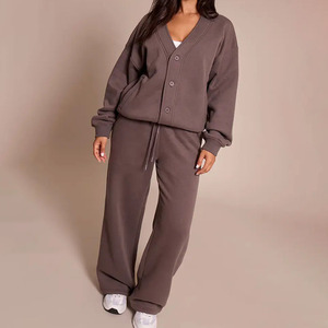 New Casual Loose Fit All Seasons <b>Women's</b> 2 Piece Fleece Sweatshirt And Pants Set V Neck Long Sleeve Solid Color <b>Jogger</b> <b>Women</b> Set - Product Image 1
